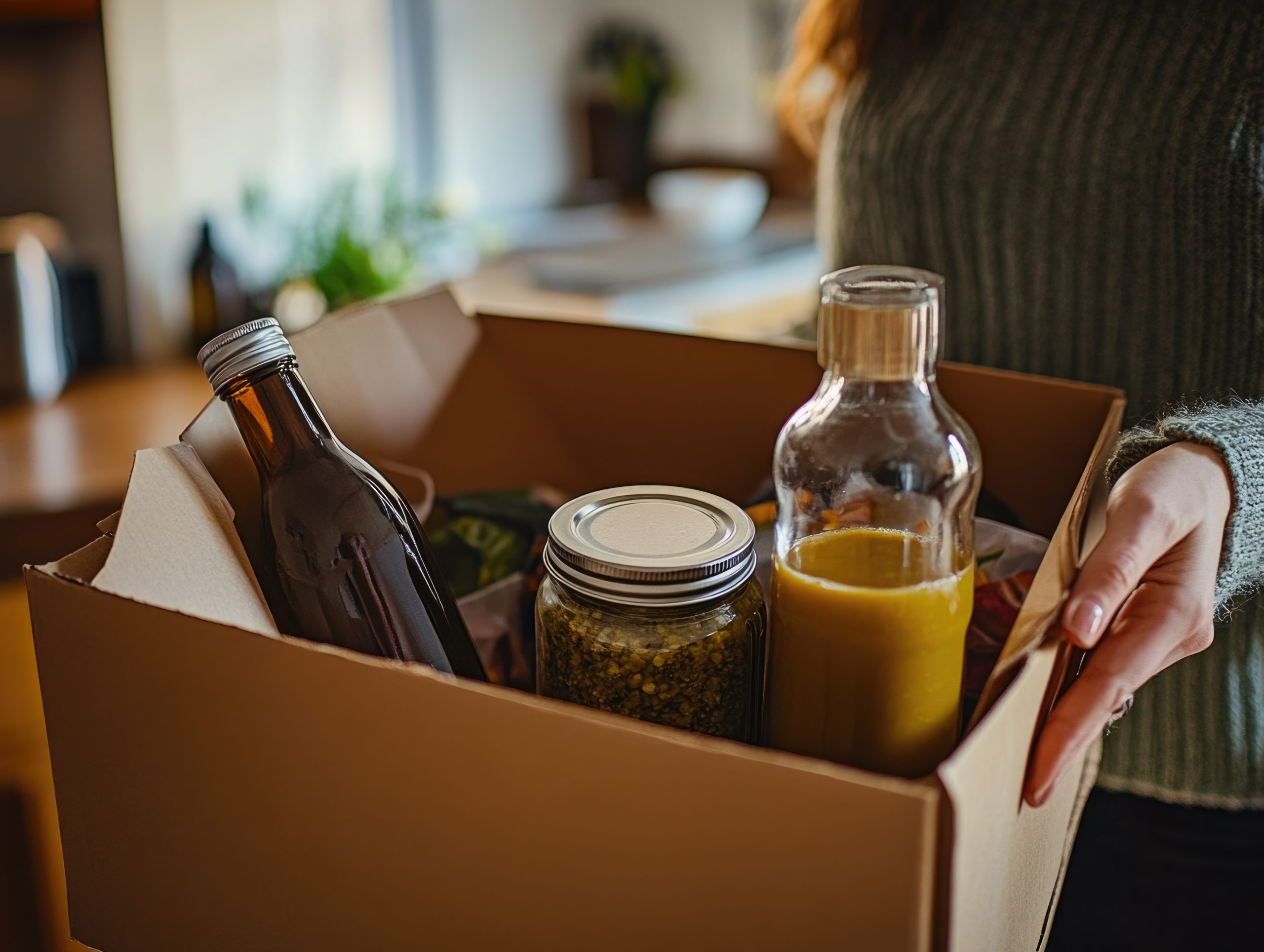 wiederverschließbare Behälter mit Lebensmitteln in einem Karton